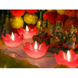 Diwali Lotus LED Diyas String-Lights - USB Powered Waterproof Diwali Diya Lights for Pooja Item Indian Home Office Mandir Puja Decor - Includes 5 Stickers (11.1ft)