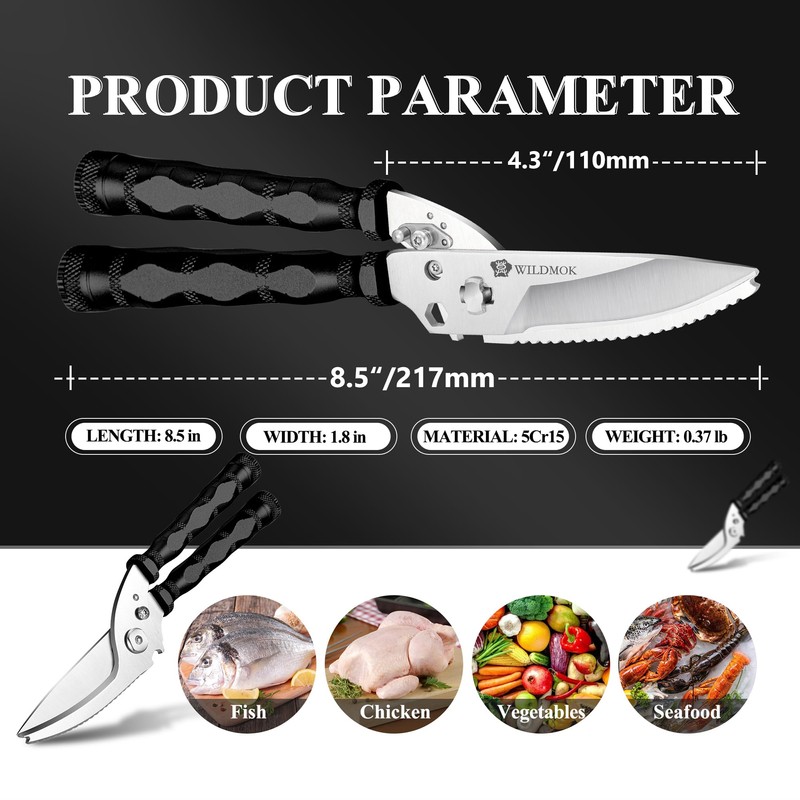 WILDMOK Heavy Duty Poultry Shears - 8.5 Inch Multi-Function Stainless