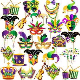 20Pcs Mardi Gras Photo Booth Props Masquerade Props Mardi Gras Photography Party Decorations for Mardi Gras Decorations Carnival Masquerade Birthday Party Supplies