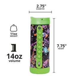 Elemental Iconic Pop Kids Water Bottle with Pop Strap - Triple Wall Leakproof Insulated Stainless Steel Water Bottle - BPA Free Water Bottle with Straw - Thermos Flask - Green Splatter - 414 ml