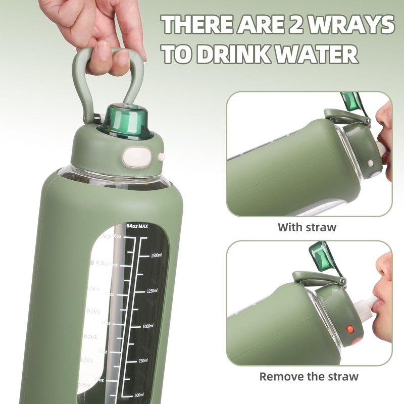 SIEROZUR 64 oz Glass Water Bottle with Straw and Handle