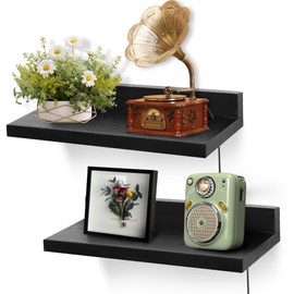 FURAOMEILI Small Floating Shelf for Wall,9X5 Inch Wall Mounted Shelf with Cord Hole,Small Display Shelves for Cameras, Webcam, Router,Smart Speaker,Action Figures-2 Pcs(Black