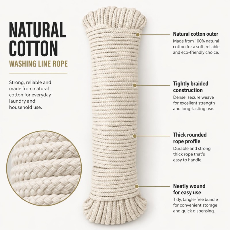 Natural Cotton Washing Line Rope 25m x 5.5mm, Braided Clothes