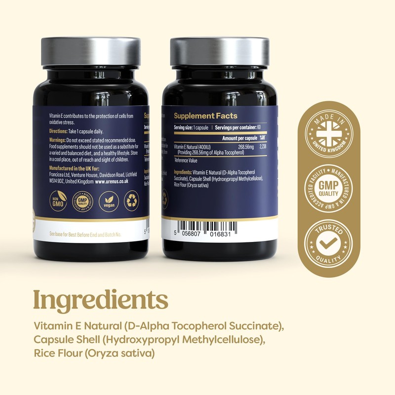URENUS Natural Vitamin E 400 IU – 60 Vegan Capsules