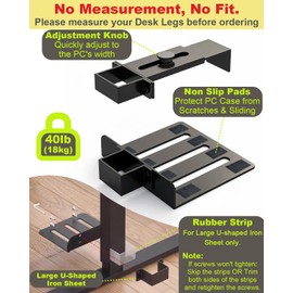 Under Desk PC Mount - No Drilling Heavy Duty 40 lbs Capacity, Adjustable Height and Width Clamp-on Desk Leg PC Mount for Standing Desks (Fits 2.95"×1.77" Legs), with Non-Slip Pads, Black