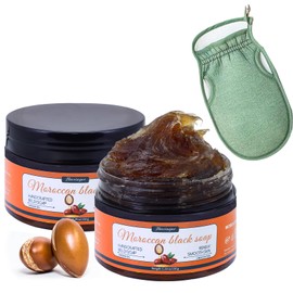 2 Pack Organic Moroccan Black Soap Soften Skin, Moisturizing Beldi Soap with Argan Oil and Vitamin C Even Tone, Moroccan Hammam Kit, Fragrance Free, 5.29 oz/150 g