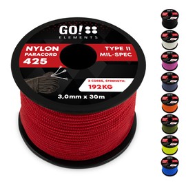 GO!elements 30 m Paracord Rope Made of Tear-Resistant Nylon - 3 mm Paracord 425 Type II Max. 192 kg - Cords as Outdoor Rope, All-Purpose Rope, Survival Rope, Bracelet, Dog Lead, Nylon Cord, Colour: