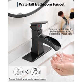 HOIGY Bathroom Waterfall Faucet, Brass Oil Rubbed Bronze Bathroom Faucet Single Handle, 4 Inch Bathroom Sink Faucet 1 Hole or 3 Holes, Bathroom Faucets with Pop-Up Drain & Deck Plate for RV Farmhouse