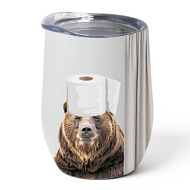 Funny Grizzly Bear Tumbler 12oz - Stainless Steel Insulated Travel Mug with Lid - Adorable Pet with Toilet Paper Design Gifts for Bear Lovers
