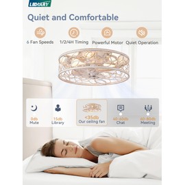 LEDIARY Caged Ceiling Fans with Lights, White Flush Mount Ceiling Fan with Remote, Small Low Profile Bladeless Ceiling Fan Light Fixture for Bedroom, Kitchen, Dining Room-White Gold Color