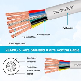 MOOKEERF 22/6 22AWG Shielded Wire 6 Conductor 100FT Shielded Plenum Cable White CL3P Jacket Alarm Control Cable Stranded Pure Copper for Low Voltage LED,Burglar System,Fire Detector,Security Station