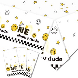 VXYW 3 Pcs One Happy Dude Birthday Party Tablecloths Happy Dude Table Cover Yellow Smile Face Plastic Table Cloths One Happy Dude Birthday Dec for 1st Baby Shower Birthday Supplies(54 x 108)