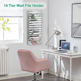 Solinxe Hanging Wall File Holder, 14 Tier Paper Storage Organizer, Mail Organizer Wall Mounted, Metal Clipboard with Storage for Office, Silver