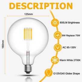 Bonlux 8W G125 LED Globe Light Bulbs, E26 Large Globe Dimmable Edison Bulb, Vintage 75W Equivalent Clear Glass Round Globe Bulb, Warm White 2700K