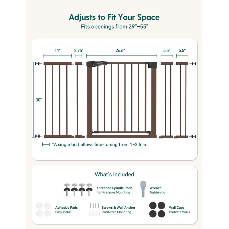 29-55" Extra Wide Baby Gate with Door, PressGuard P7, Brown