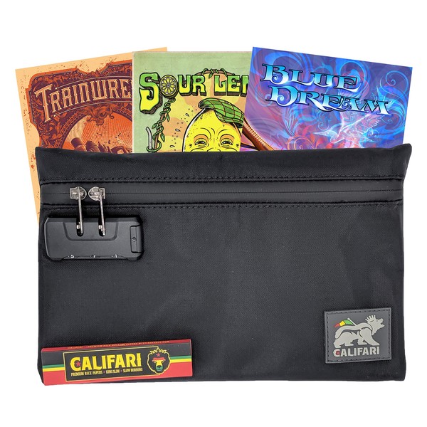 Califari Smell Proof Bag & Rolling Papers with Mystery Strain Art Postcard | Waterproof Carbon Lined Stash Bag with Combination Lock | Ideal Smell Proof Container Pipes, Cartridges, etc