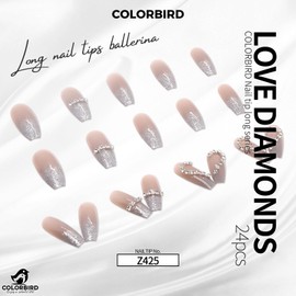 COLORBIRD Z425 Long Nail Tips, 24 Pieces, Pink, Heart, Nail Tips, Short, Cute, Ballerina