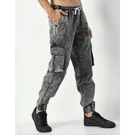 Lumiquintette Cargo Jeans for Men Drawstring Elastic Waist Tapered Jeans Fashion Comfrot Casual Cargo Pants with Flap Cargo Pockets Dark Gray