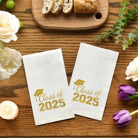 Horaldaily 50 Class of 2025 Graduation Disposable Paper Decorative Guest Napkins, White and Gold Foil dots, College High School Grad Celebration Hand Towel for Party Dinner Kitchen Bathroom
