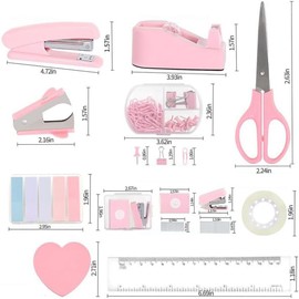 Mini Office Supply Kit, Mini Desktop Office Stationery Includes Stapler, mini Stapler, Nail Starter, Paper Clips, Dovetail Clips, Tape Cutter, Sticky Notes, Scissors (Pink)