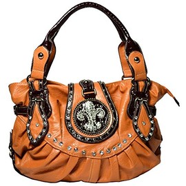 Western Rhinestone Studs Fleur De Lis Purse Handbag - Camel