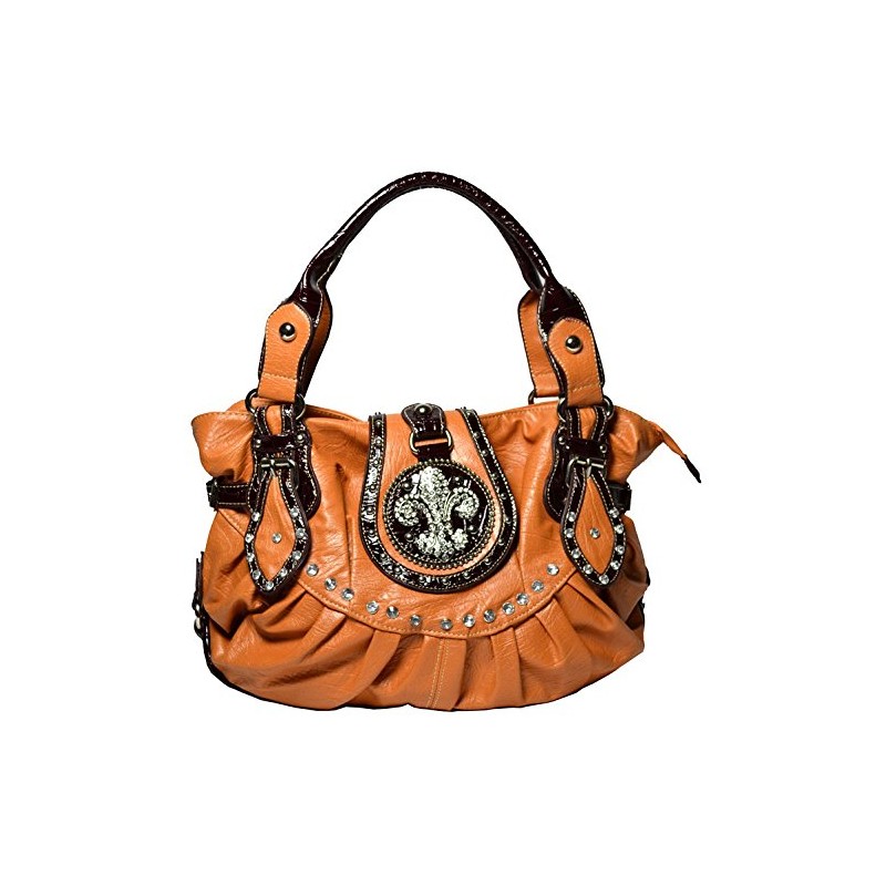 Western Rhinestone Studs Fleur De Lis Purse Handbag - Camel