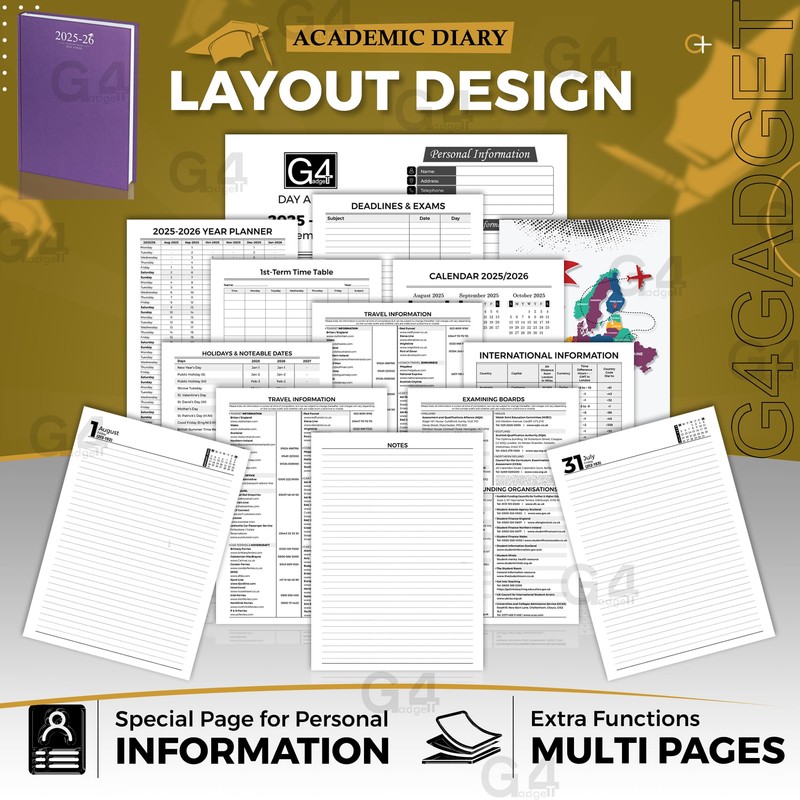 G4GADGET Academic Diary 2025-2026 A4 Day-A-Page School Planner for Students