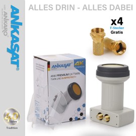 ANKASAT - ANK Premium UV Twin LNB + Weather Protection Cap, 2 Participants for Direct Connection, Heat and Cold Resistant -35° ~ +70°C, Extendible Weather Protection, HDTV, 4K, UHD, LTE Shielding