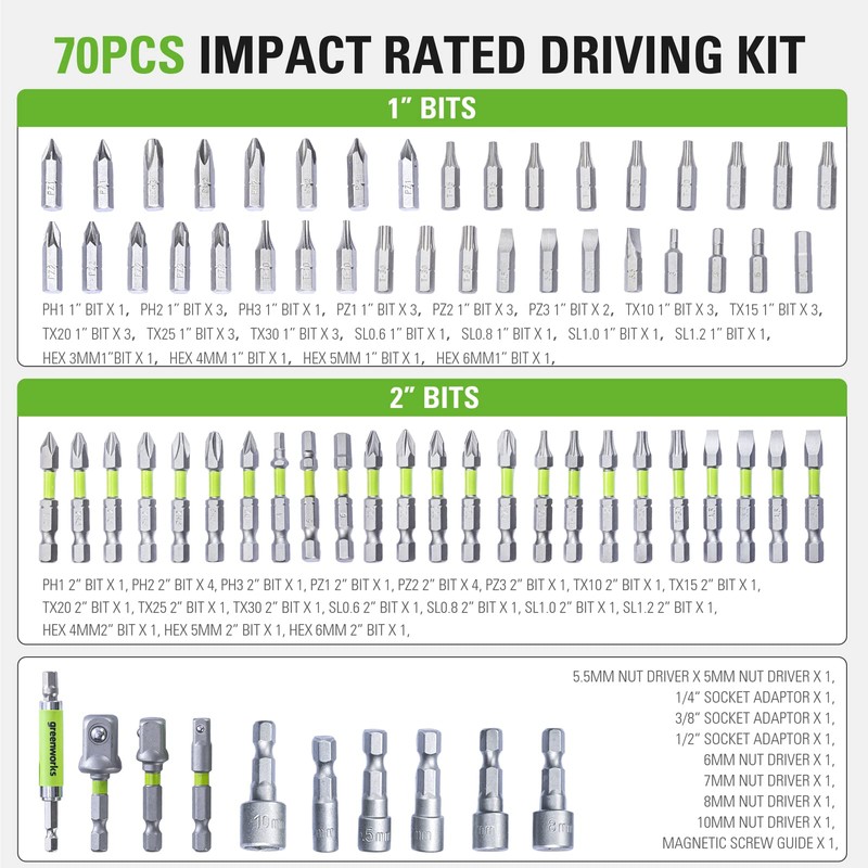 Greenworks Hardened screwdriver bits (70 pieces comprehensive set of pick