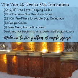 MAPLE TAPPER Maple Syrup Tree Tapping Kit – (10) Spiles + (10) 3' Tubes + (2) 1- QT Maple Sap Filters – BPA Free Food Grade - Full Instructions, Recipe Cards- Made in North America