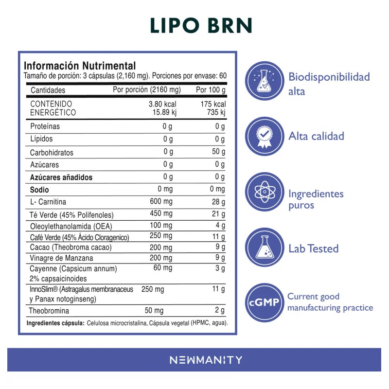Lipo Brn Innoslim Theobromina Y Carnitina Newmanity 200 Caps Quemador