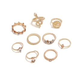 DA Edary Vintage Snake Knuckle Ring Set Crystal Rings Gold Stacking Joint Knuckle Ring Coin Good Luck Jewelry Accessories for Women and Girls (10 PCS)
