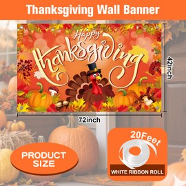 CJYGEGE Large Happy Thanksgiving Banner Decorations - 72x44 Inch Thanksgiving Sign Outdoor with Turkey, Pumpkins and Maple Leaf for Yard, Porch, Home, Indoor Party Gifts & Photo Booth Backdrop