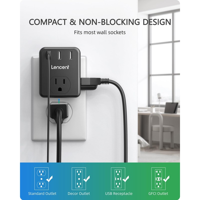 LENCENT Multi Plug Outlet Extender, 2 Pack, USB Brick, 3