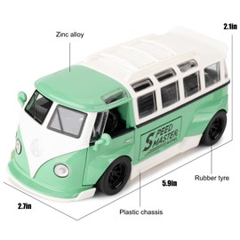 BDTCTK 1/32 Volkswagen Bus Transporter Model Car with Surfboards Convertible Camping Van, Zinc Alloy Pull Back Toy car with Sound and Light for Kids Boy Girl Gift(Green)