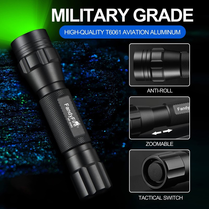 FandyFire Green Light Flashlight, LED Green Hunting Light, 520-530nm Green