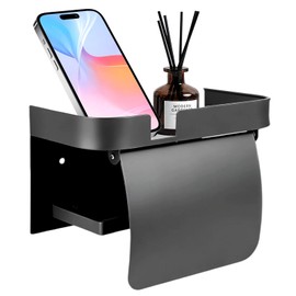 Toilet Paper Holder,Adhesive Wall Mount Bathroom Paper Towel Holder with Shelf,Rustproof Tissue Roll Holder for Washroom （Grey Holder with Cover）