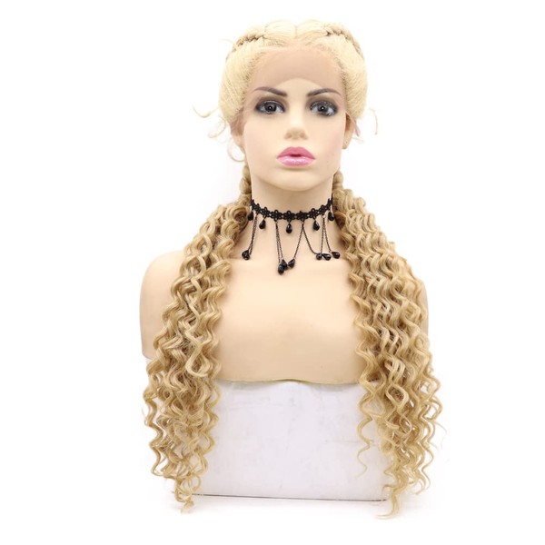 Angle Lucky 613 Blonde Double Braided Wig Long Curly Blonde Middle Part Braided Wig with Baby Hair Synthetic Fully Handmade Curly Ends Braid Wig Heat Resistant Fiber Cosplay Makeup Wigs for Women 26 Inch