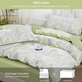 SAPHREAS Botanical Plant Duvet Cover Set King Size 3pcs Yellow Green Leaves Pattern Bedding Comforter Cover Set Cotton 1 Duvet Cover 2 Pillow Shams, Comforter Not Included