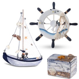 Flanacom Maritime Bathroom Decoration Set of 3 - Control Wheel, Sailing Ship and Treasure Chest Made of Wood - Lovingly Designed Bathroom Accessories with Details (Design 2-1)