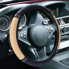 ZIMISI Bling Soft Leather Steering Wheel Cover, 15" Anti-Slip Sparkly Crystal Auto Elastic Steering Wheel Protector for Women Girl, Colorful Diamond Car Interior Accessory for Most Cars (Beige)