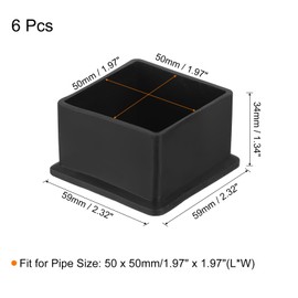 QUARKZMAN Pack of 6 PVC Square Chair Leg Caps, 50 mm x 50 mm OD Black Furniture Feet Pads, Table Foot Covers, Floor Protectors for Patio Table, Cabinet, Bed Furniture