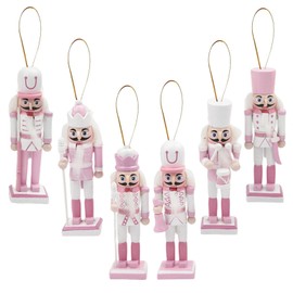 6p 12cm Pink Wooden Christmas Nutcracker Soldiers,Pink Christmas Ornaments,Christmas Tree Decorations Mini Nutcracker Figures Hanging Xmas Figures Puppet Soldiers Gifts Toy for Tree Decorations