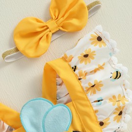 Baby Girl Clothes Newborn Onesie Ruffle Romper Dress Ruffled Sleeve Animals Bodysuit Jumpsuit Summer Outfit (Yellow bee, 6-9 Months)
