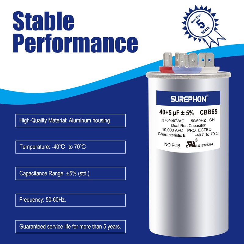 SUREPHON 40/5 Mfd Ac Capacitor 370V or 440V 50/60Hz CBB65B