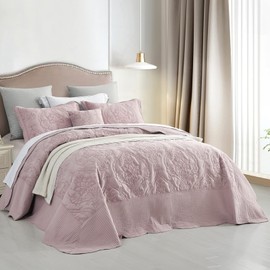 CHIXIN Oversized Bedspread Coverlet Set King Size - Lightweight Bedding Cover - Beautiful Stitching - 4 Piece Reversible Bedspread - Gorgeous Damask Paisley Pattern (King, Pale Rose)