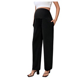 MakeMeChic Women's Maternity Lounge Pants Elastic Waist Slant Pocket Pregnancy Straight Leg Pants Black X-Large