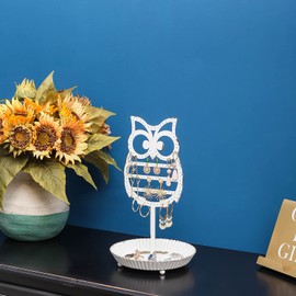 NIKKY HOME Earring Holder Hanging Organizer Stand Metal Jewelry Tree Table Top Owl Ear Stud Holder Tower Rack with Ring Tray for Girls (134 Holes), Rustic White