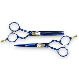 Hair Cutting Scissors, Titanium Coated 5.5" Professional Barber Hairdressing Scissors & 5.5" Thinning Shears (Blue/GOLD) 440C Japanese Stainless Steel Set for Personal/Professional use by DreamCut