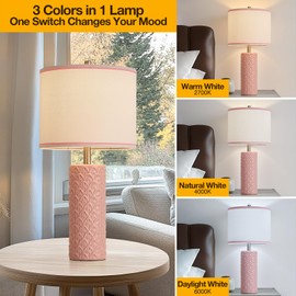 HELIJIA 27" Farmhouse Bedside Table Lamp Set of 2, Pink Modern Ceramic Lamps for Living Room, 3 Color Temperature Rustic Table Lamps for Bedroom, Night Stands, Dorm,Office, Home Décor (Bulb Included